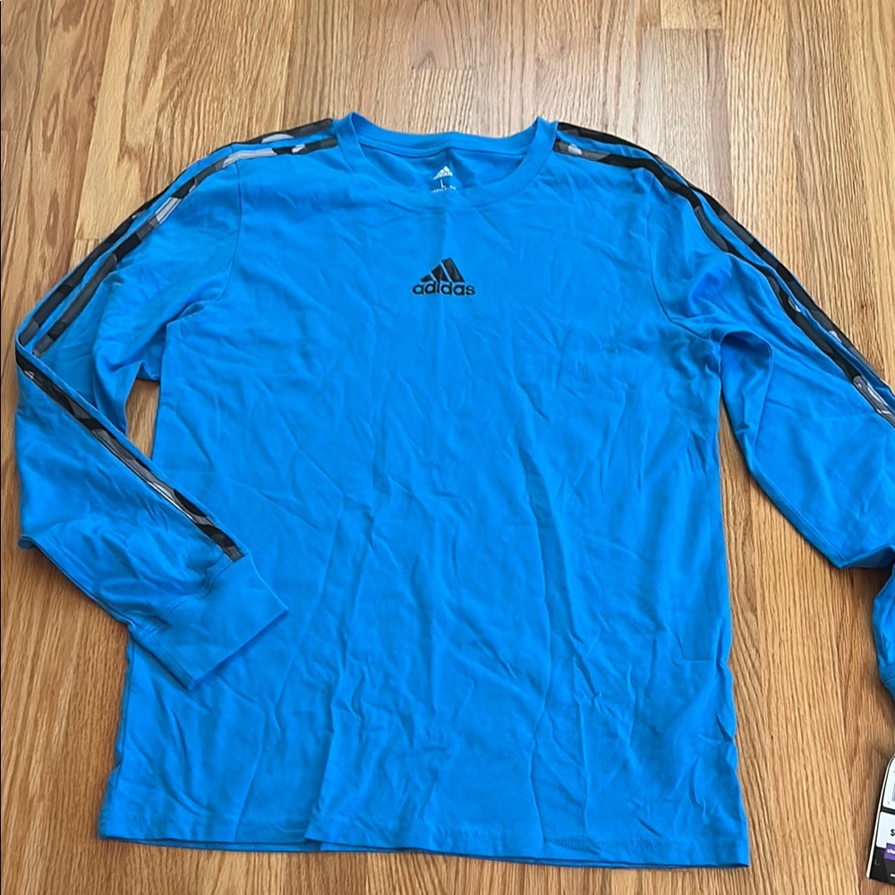 Adidas Blue Long Sleeve Tee with Signature Stripes